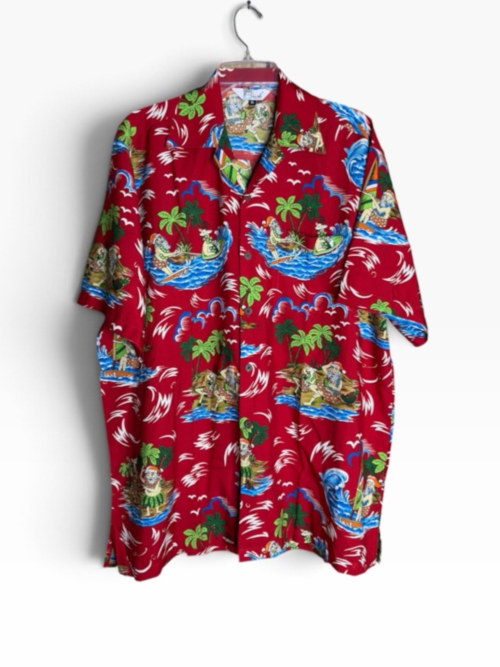 Alvish Mens XL Christmas Hawaiian Shirt Surfing Santa Reindeer Red Aloha